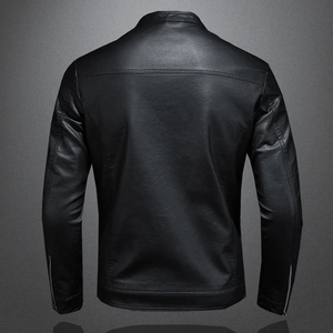 Men's Spring Autumn Leather Zipper <b>Jacket</b> Fashion Stand Collar Slim Casual Tops with <b>Canvas</b> Fabric - Product Image 3