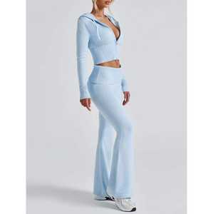 Ropa al por mayor para mujer: Sudadera con cremallera, ropa deportiva, conjuntos de chándal, conjunto tejido, pantalones de cintura baja Y2K, estilo casual liso. - Product Image 2