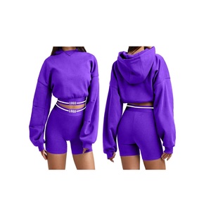 Conjunto de pantalones cortos con capucha de punto para mujer de alta calidad, patrón sólido personalizado de dos piezas, ropa informal ligera ecológica, gran oferta - Product Image 6