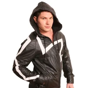 Leather Hoodie Made by Sheep Leather Strips & Polyester Lining Black and White with White PK Adult Sex Game Play Couple Toys