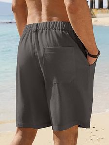 Pantalones cortos de lona de lino para hombre, informal, con cierre de botones, cremallera, elástico, cintura media, verano, Vacaciones en la playa, patrón sólido, multibolsillo - Product Image 3