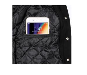 Veste bomber en cuir et laine, veste universitaire d'hiver, veste varsity à lettres, devant noir, manches vertes, veste varsity - Product Image 3