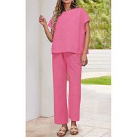 Ensembles de pulls décontractés en coton pour femmes, hauts en tricot brodés à manches courtes et pantalons plissés à jambes larges