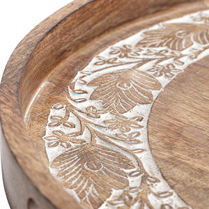 Plateau en bois sculpté de style ethnique fait à la main, gravure florale complexe, plateau de service naturel pour table, artisanat poli - Product Image 3