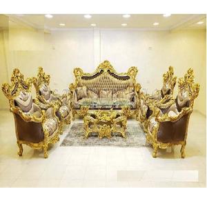 Luxurious 7-Seater High Back <b>Sofa</b> Set Hand Carved Teak Wood Furniture for Living Room <b>Gold</b> Polish High Quality Home Decor - Product Image 1