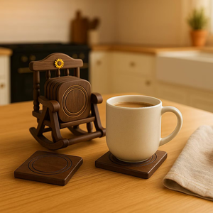 Juego de posavasos de madera tallada de primera calidad con soporte de diseño rústico para mesa de comedor y almacenamiento de tazas de La India - Product Image 1