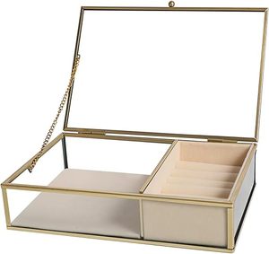 Two Compartment Vintage Jewelry <b>Box</b> with Engraved Design Made From High Quality <b>Glass</b> and Brass for Jewelry Storage Ring Holder - Product Image 1
