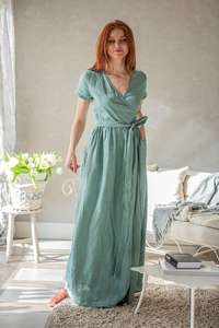 เดรสแม็กซี่ผ้าลินินสีเทอร์ควอยส์สีฟ้าครามสไตล์คลาสสิกสำหรับฤดูร้อนเดรสขนาดพิเศษพร้อมริบบิ้นผ้าลินินสำหรับตกแต่ง - Product Image 2