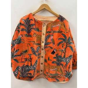Hand Block-Printed <b>Quilted</b> Cotton <b>Jacket</b> in the Jungle Orange for Summer - Product Image 5