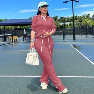 Autumn Winter Knitted Casual Tracksuit <b>Women</b> Two Piece Set Sporty Fitness Striped Sweater <b>Top</b> and Wide Leg Pants Jogging - Product Image 2