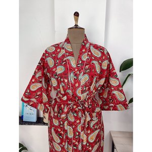 Boho Chic Cotton Kimono Hand-Printed Indian Persan Paisley Luxury Summer <b>Beach</b> Vacation <b>Robe</b> for Bride Vacation Use Women's - Product Image 3