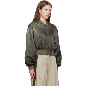 Chaqueta Bomber Corta Verde Oliva para Mujer, Manga Larga, Cierre de Cremallera, Cuello Alto, Nailon Tejido, Chaqueta de Otoño para Mujer - Product Image 3