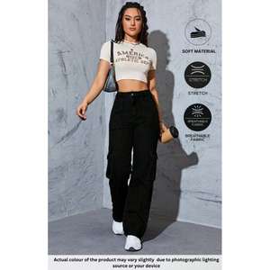 Jean cargo noir Y2K pour femme, taille haute, coupe droite, extensible, durable, écologique, multi-poches, style streetwear, plusieurs tailles - Product Image 2