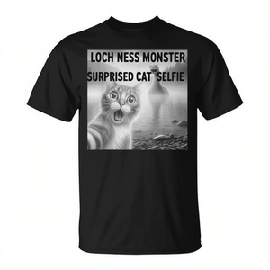 Camiseta con diseño de gato sorprendido y la Bestia de Loch Ness, producto promocional con un diseño intrigante - Product Image 2