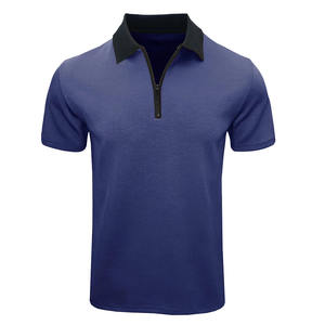 เสื้อโปโลมีซิปปกสีพื้นแขนสั้นลำลองของผู้ชายผ้าแคนวาสกันยับ - Product Image 6