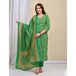 Green <b>Block</b> <b>Printed</b> Cotton Kurta Pant Set Mulmul Dupatta Indian Ethnic Style for Parties Special Occasions Net Fabric Stitched - Product Image 6