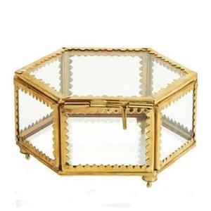 Hexagonal Glass Jewelry <b>Box</b> Gold Metal Frame Clear Glass Organizer Modern Geometric Diamond Shape Display Case With <b>Hinged</b> <b>Lid</b> - Product Image 5