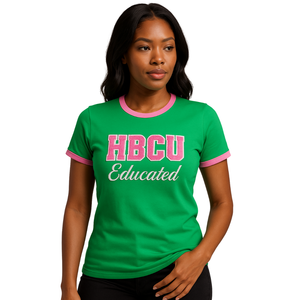 HBCU mujeres educadas Chenille contraste Trim Ringer Camiseta verde con letras bordadas en rosa algodón Sorority Collegiate Tee - Product Image 1
