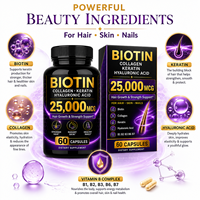 Complément alimentaire pour cheveux, peau et ongles à la biotine 25000 mcg, collagène, kératine, acide hyaluronique, croissance et force des cheveux, 60 capsules, étiquette privée OEM