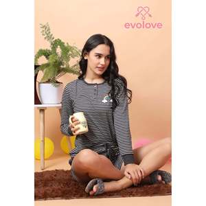 Evolove Women's 100% Cotton Casual Shorts Set Round Neck Full Sleeves <b>Tshirt</b> with Pockets Super Soft Comfortable Knitted Fabric - Product Image 3