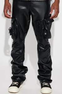 Pantalon en cuir unisexe High Street Design de niche plissé de style américain Pantalon long droit ample teint en plaine - Product Image 2