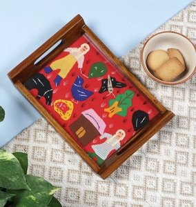 HandMade Teak Wood Applique Work Red Small Serving Tray with Glass Top Decorative Serving Platter for Breakfast table Decorative - Product Image 6
