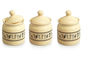 Art Of Warli Multi-Purpose Ceramic Pickle & <b>Chutney</b> <b>Jar</b> Set With Wooden Holder Non Air-Tight Set Of 3 Ceramic Condiment Pot - Product Image 3