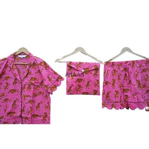 Conjunto de Pijama de Lujo Elegante y Suave de Algodón Orgánico Puro y Transpirable para Mujer, Estampado Ikat, Manga Corta, Cintura Elástica, para Descansar en Verano - Product Image 6