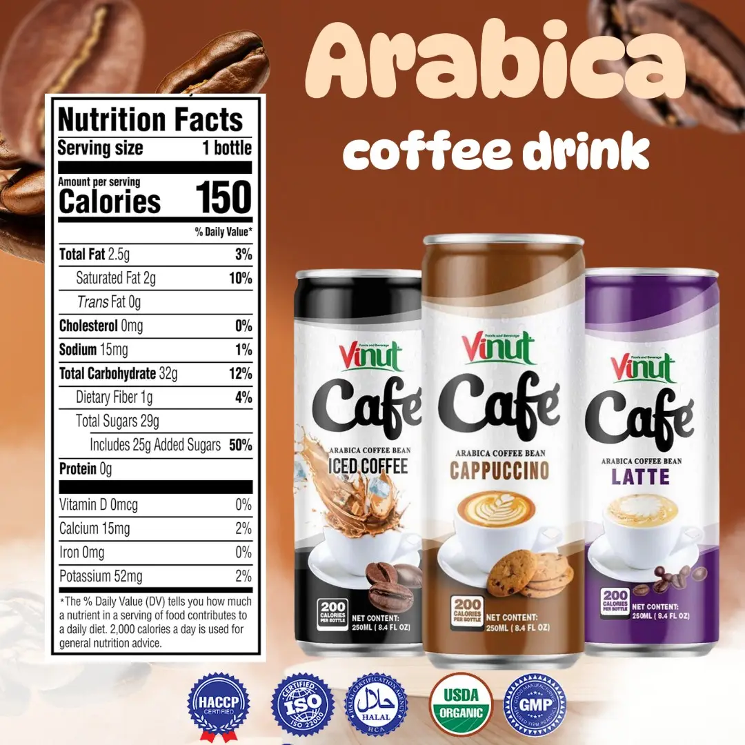 Café Arabica Boisson Vietnam VINUT | Cappuccino Latte, Prêt à Boire sur le pouce, 250ml (24 Pack), Fournisseur en Gros, Échantillon Gratuit