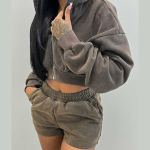 <b>Men's</b> <b>Zip</b>-<b>Up</b> Breathable Solid Knitted Crop <b>Top</b> Short Set Hooded Collar Embroidered Logo Casual Winter Sweatsuit Long Sleeve Plus - Product Image 5