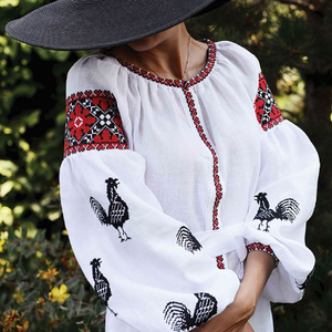 Blouses brodées ukrainiennes pour femmes, col en V, manches longues bouffantes, haut en satin floral pour les occasions formelles, robe mi-longue - Product Image 1