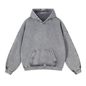 Oversized Distressed Zip-Up <b>Hoodie</b> for Men Heavyweight Acid Washed Solid Pattern 100% Cotton Streetwear in Hip Pop Style Winter - Product Image 6