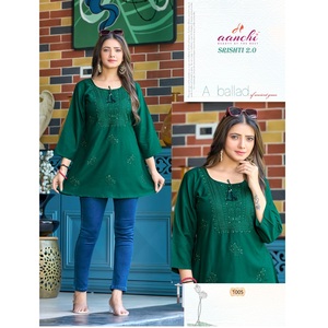 Mujer tradicional india paquistaní lista para usar de longitud media rayón pesado en relieve todas las estaciones Regular Fit Short Kurtis al por mayor - Product Image 1
