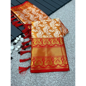 Fabricante de Blusas de Sari con Diseño Moderno Kanjivaram, Tejido de Seda Semi Suave con Bordado Zari, para Festivales, de Surat, India - Product Image 1