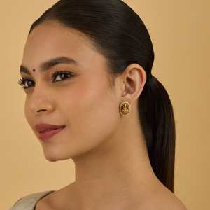 Silver Temple Trendy Vintage Stud Hoop <b>Earrings</b> 178082-Stainless Steel Brass Bezel Setting Pearl Inlay Religious <b>Hook</b> Pattern - Product Image 3