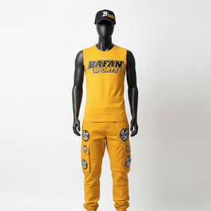 Conjunto de Camiseta sin Mangas de Algodón Grueso y Pantalones Cargo con Logotipo Bordado en Amarillo, Tela Premium, 2 Piezas, para Hombre - Product Image 6