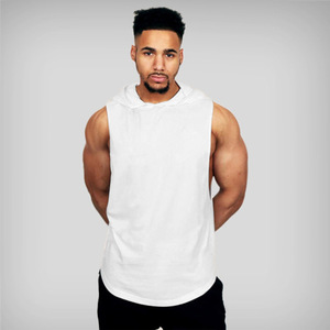 <b>Men's</b> high-quality blank <b>T</b>-<b>shirt</b> featuring a custom logo, <b>curved</b> <b>hem</b>, and cropped sleeveless hoodie design, ideal for gym wear - Product Image 4