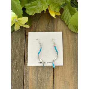 Navajo Handmade Sterling <b>Silver</b> Turquoise Inlay <b>Chandelier</b> Drop Earrings - Product Image 1