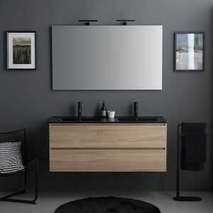 Meuble de salle de bain mural en chêne de 120 cm avec lavabo noir, miroir et ensemble d'éclairage Belize - Product Image 2