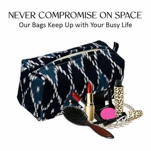 3-Piece Pure Cotton <b>for</b> Bags Zipper Hand-Block Abstract Blue Design Water Resistant Eco-Friendly Durable Cosmetic Travel - Product Image 3