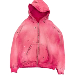 เสื้อฮู้ดดี้ย้อมสีแบบแอซิดวอชสำหรับผู้ชาย ผ้าฝ้ายหนานุ่ม เฟรนช์เทอร์รี่ สีชมพูวินเทจซีดจาง ซิปหน้า สไตล์ดิสเทรส แบบสวมหัว สไตล์วิทยาลัย - Product Image 1