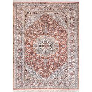 Tapis en soie noué à la main Gulmarg, motif médaillon rouge-orange, nouveau patchwork rectangulaire pour le salon - Pae-6018 - Product Image 1