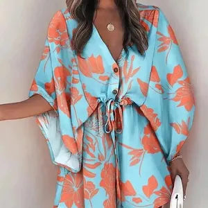Cotton Fabric Printed Original Loose Floral Printed Contrast Color Tied Mini Shirt Dress Short Sleeve Dress For Women