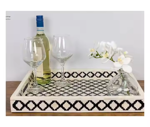Bandeja con Diseño Marroquí con Incrustaciones de Hueso Rectangular Azul Hielo, Bandeja Decorativa con Incrustaciones de Hueso para Servir en Hoteles y Casas de Lujo - Product Image 2