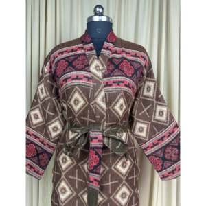 Cómodo y Cálido Kimono de Invierno para Mujer, Mezcla de Lana de Yak, Estampado de Diamantes Marrones, Bata de Casa con Bolsillos, Estilo Casual, Ropa de Estar por Casa - Product Image 2