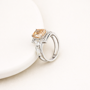 IGI Certified Radiant Cut Orange Lab Grown Diamond Halo <b>Ring</b> With Baguette Side Stones in 9K White / Rose & Yellow Gold - Product Image 3