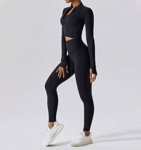 Conjunto de entrenamiento de dos piezas para mujer al por mayor con chaqueta deportiva con cremallera completa y mallas de cintura alta para gimnasio, yoga, correr y fitness - Product Image 1