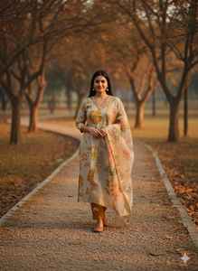 Nouvel ensemble de kurta pour femme, style Kolkata, trois pièces, en mousseline imprimée de luxe, pour les fêtes d'hiver, avec dupatta et pantalon - Product Image 5