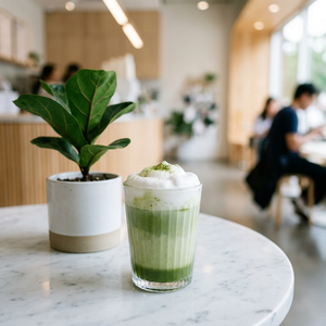 Boisson au thé vert matcha avec crème fouettée et garniture de poudre de matcha dans un verre pour les amateurs de thé - Product Image 1