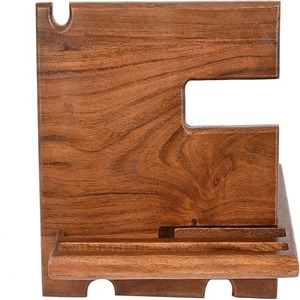 Organisateur de bureau brun naturel en bois massif 18*20 cm avec support mobile Gestion des fils de support de téléphone portable - Product Image 3